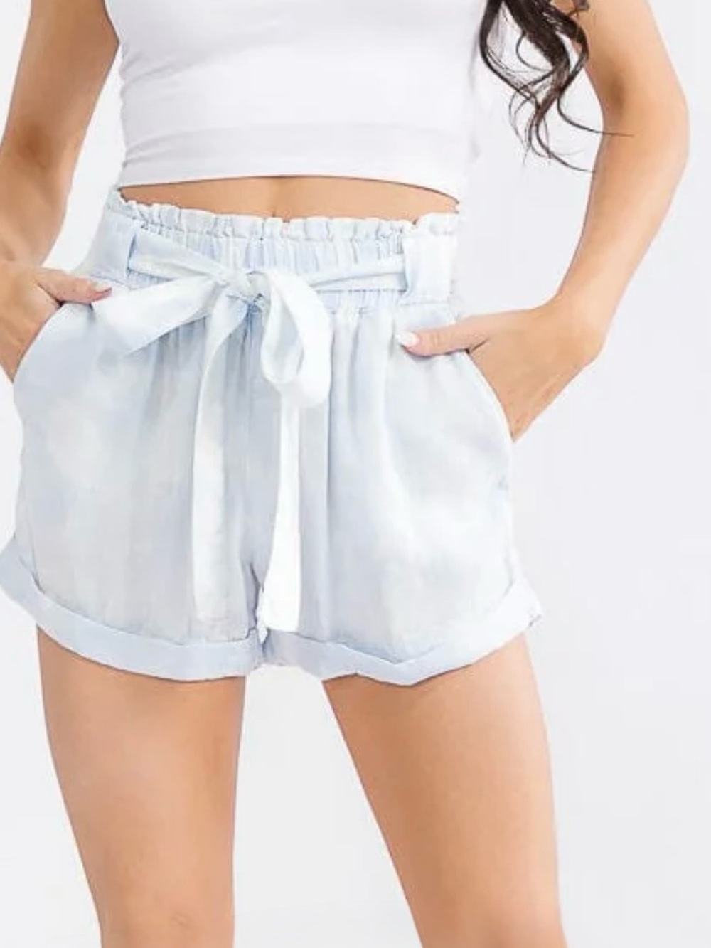 Light Blue Paperbag Waist Tie Shorts - Women